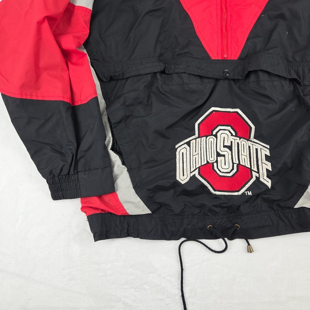 VTG 90s Ohio State Nutmeg Mills Pullover Windbreaker Jacket Mens Large Black Red - Picture 2 of 13